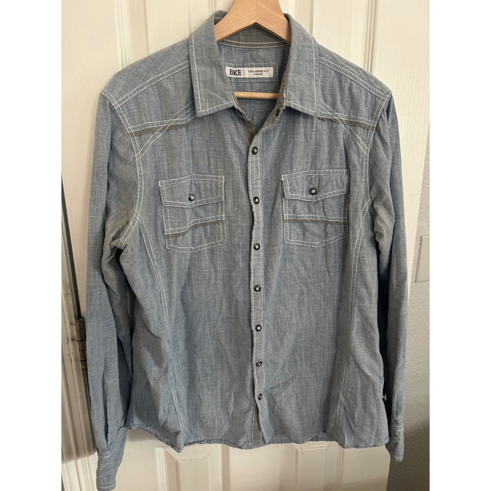 BKE Mens Tailored Fit Long Sleeve Button Down Shirt‎ Blue Chambray B2630 Large